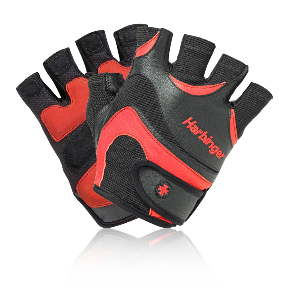 Harbinger FlexFit Leather Fingerless Lifting Training Gloves Black Red