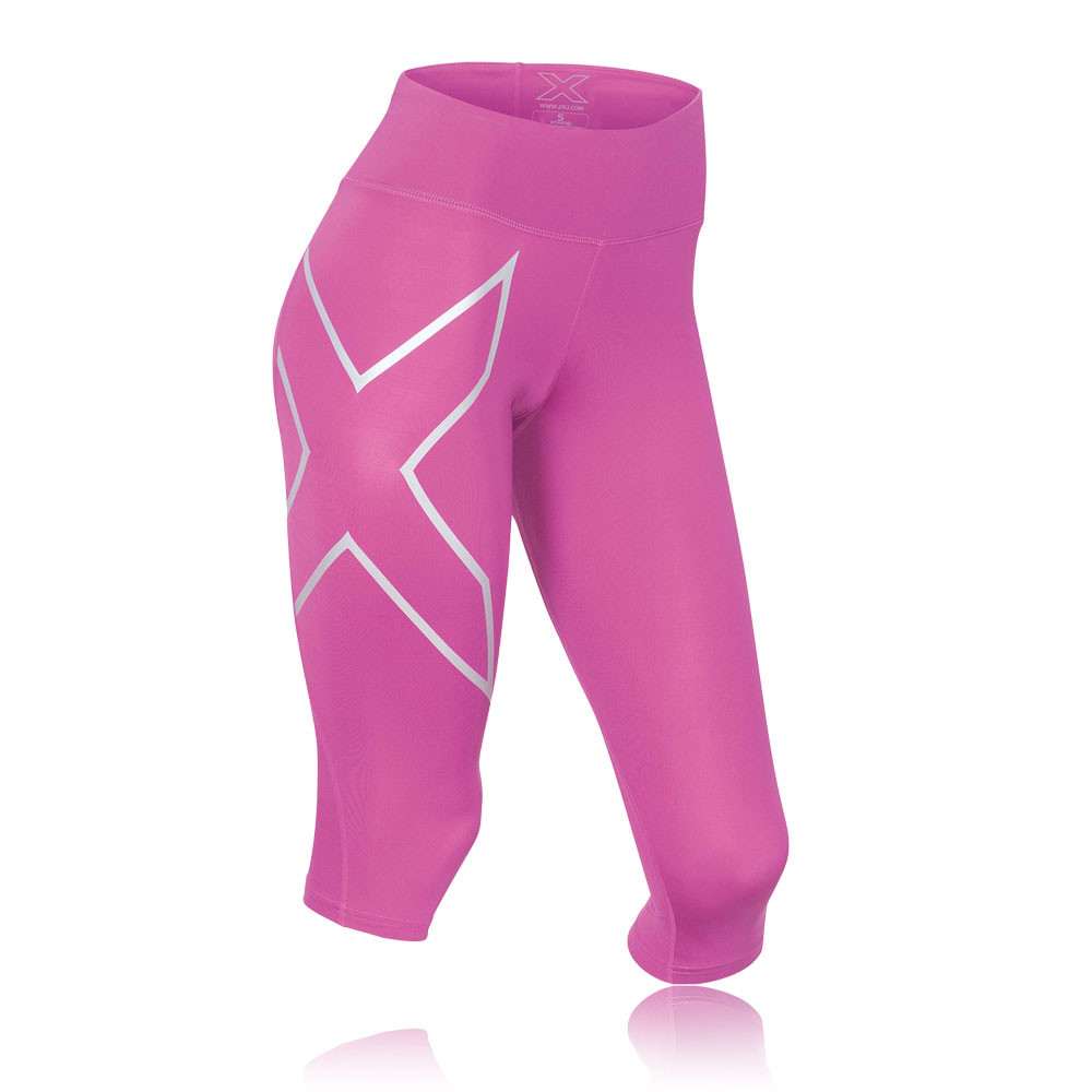 2XU Mid Rise Womens Pink Compression Running Training Capri Shorts